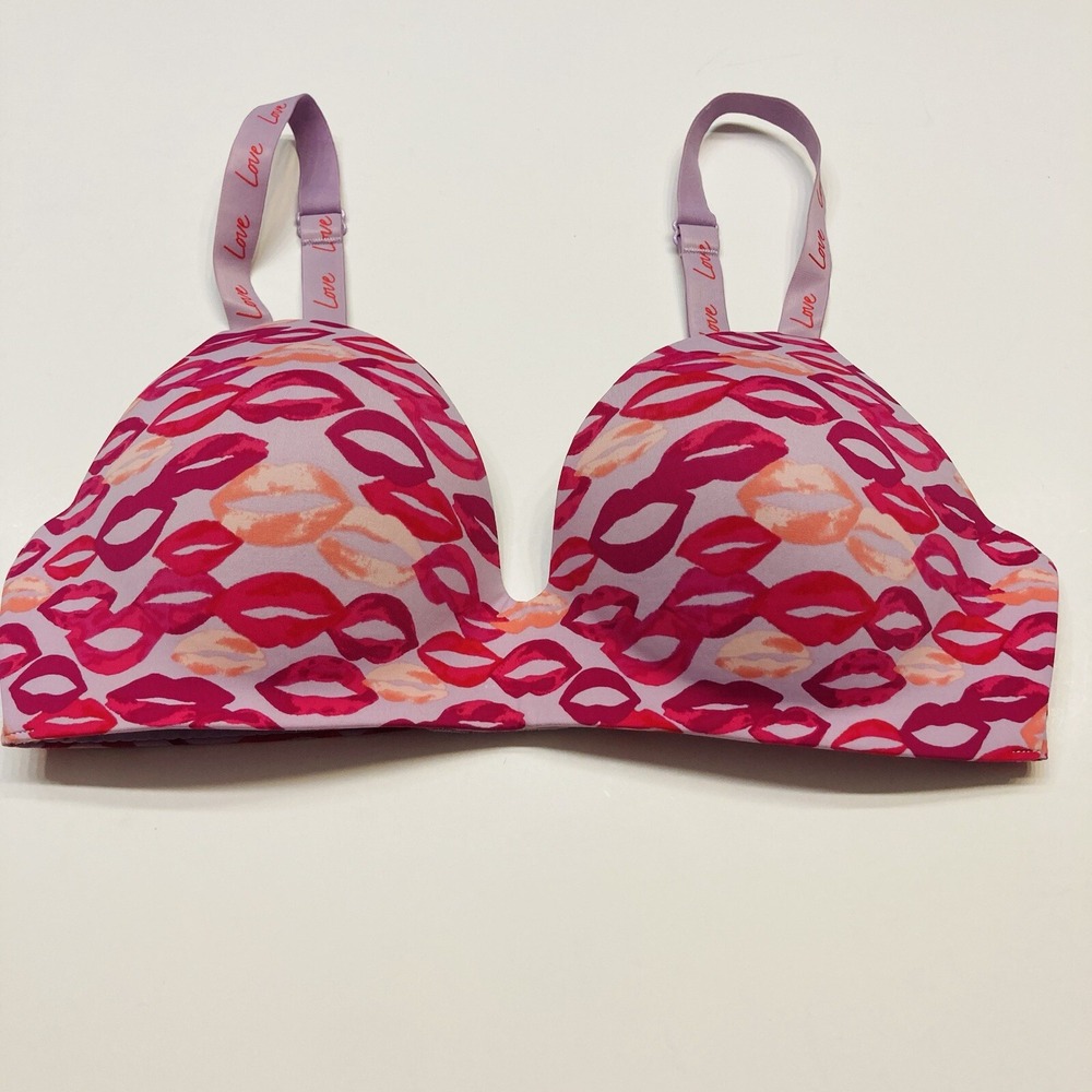 Victoria's Secret Wireless Bra Women 34C Purple Red Lip Print Love Strap T-Shirt - Picture 5 of 10